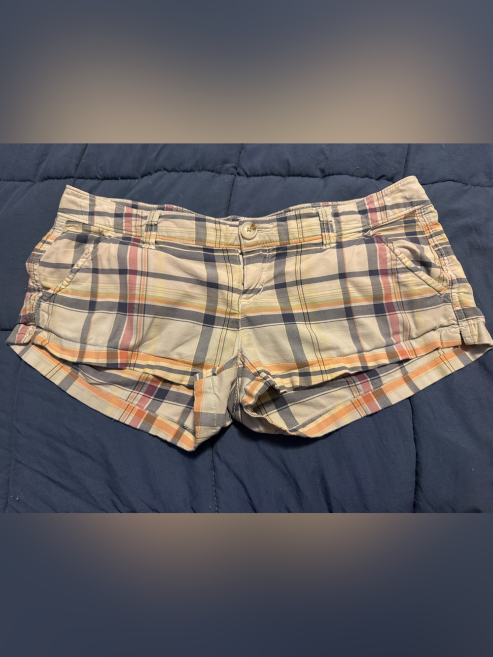 Hollister Plaid Cotton Jean Shorts in Blue, Orange, Cream